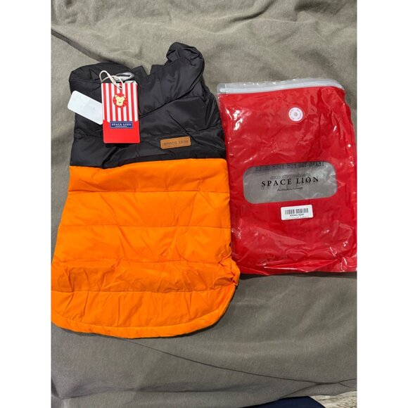 Space Lion Dog Winter Coat L Black & Orange Puffer Jacket With Hood Snap Buttons - Picture 2 of 7